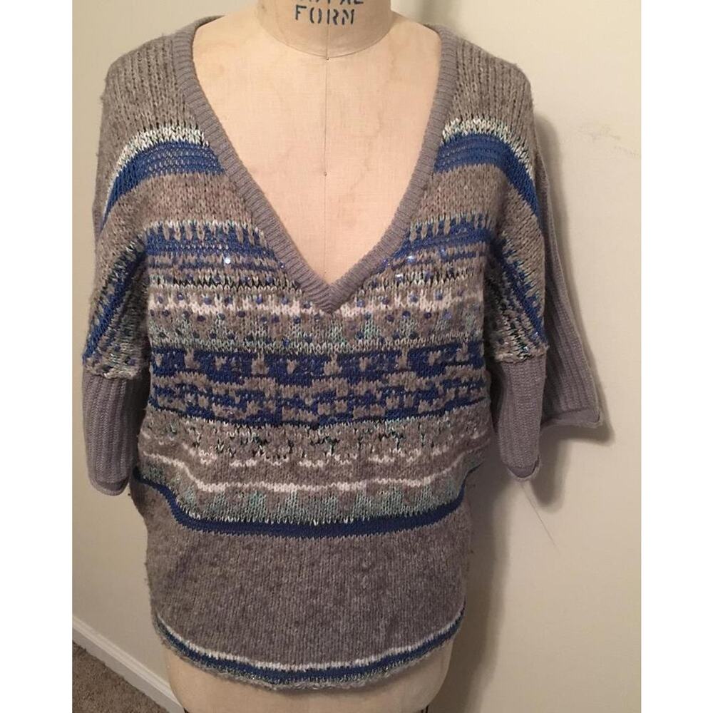 Free People Gray & Blue Fair Isle Pullover Sweater L